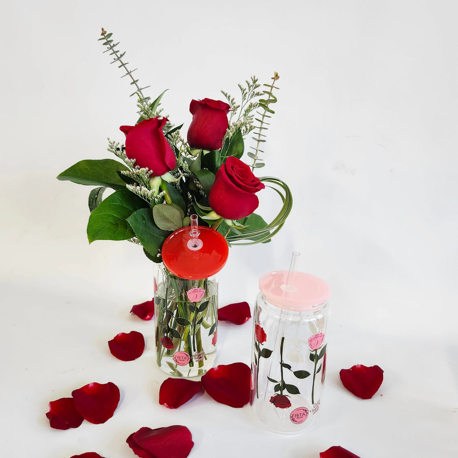 Arrangement dans un vase  Gold Heart Club ( 3roses rouges)